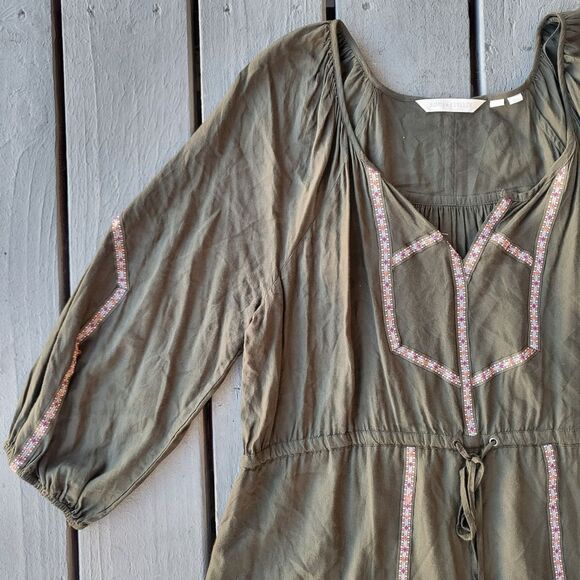 Anthropologie Edme & Esyllte Olive Green 3/4 Sleeve Embroidered Trim Dress Sz L - Picture 3 of 9